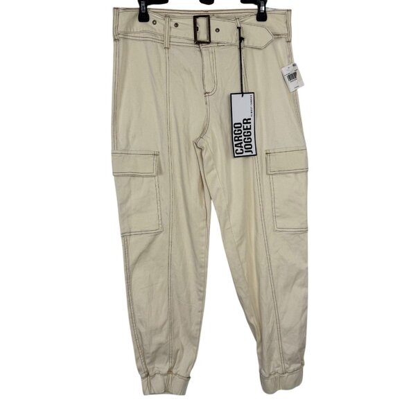 Almost Famous NEW Ivory Cream Cargo Jogger Pants Belted Size Large Casual Comfy - Picture 1 of 13